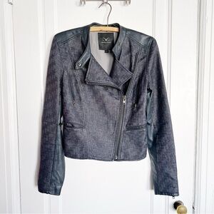Monika Chiang • moto jacket leather woven asymmetrical zip navy blue cropped